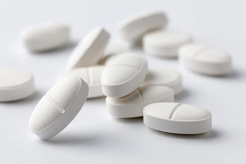 White oval and round pharmaceutical tablets scattered on a plain white surface