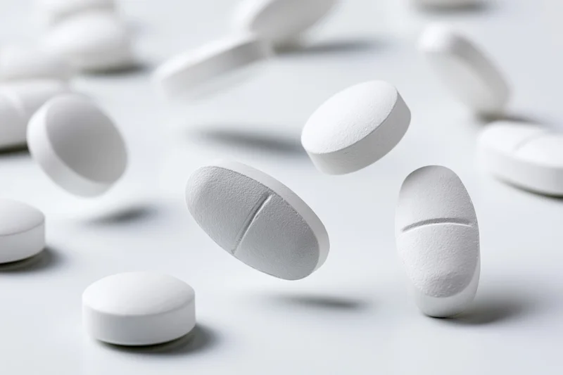 White oval and round pharmaceutical tablets scattered on a plain surface