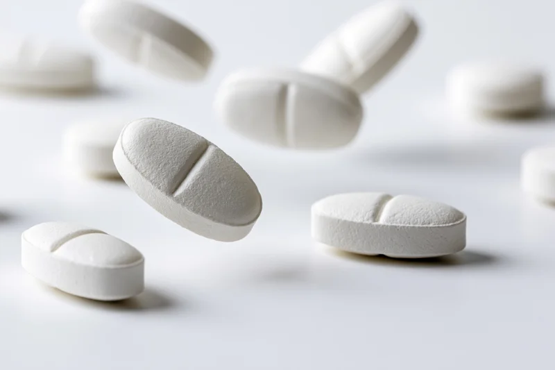 White oval and round pharmaceutical tablets scattered on a plain surface
