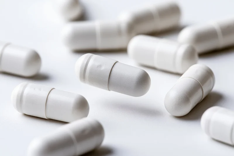 White pharmaceutical capsules scattered on a plain white surface