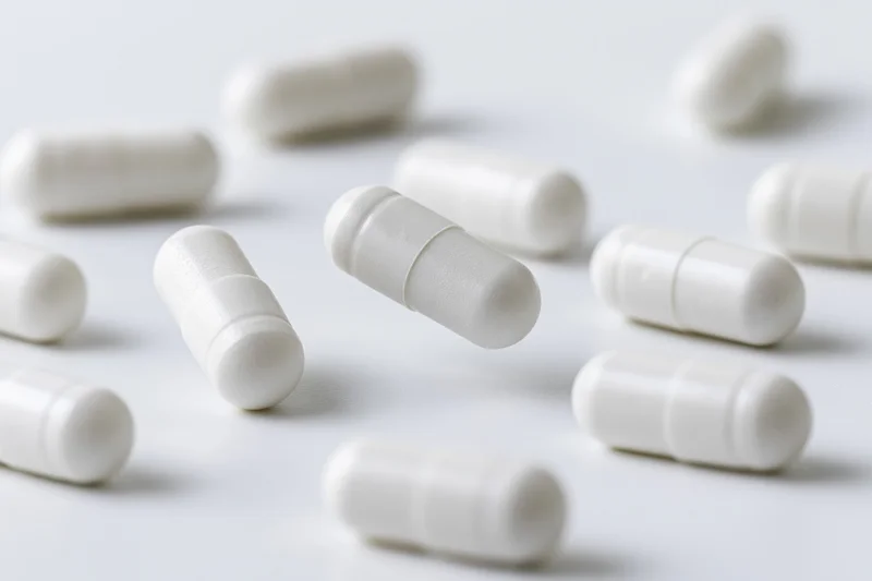 White pharmaceutical capsules scattered on a plain surface