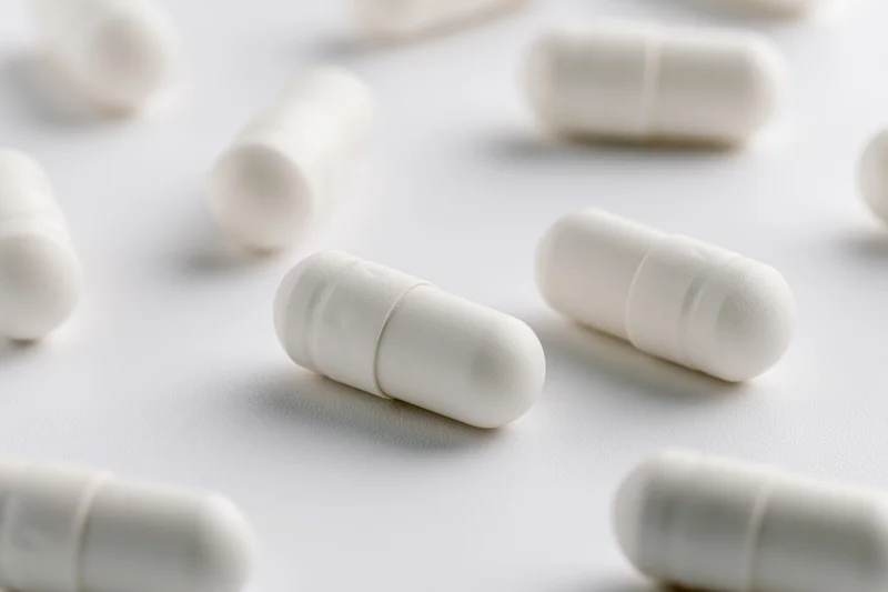 White pharmaceutical capsules scattered on a plain surface