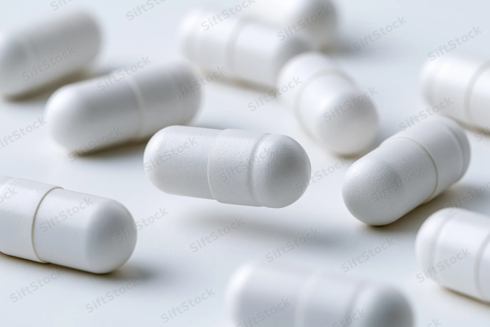White pharmaceutical capsules scattered on a plain surface