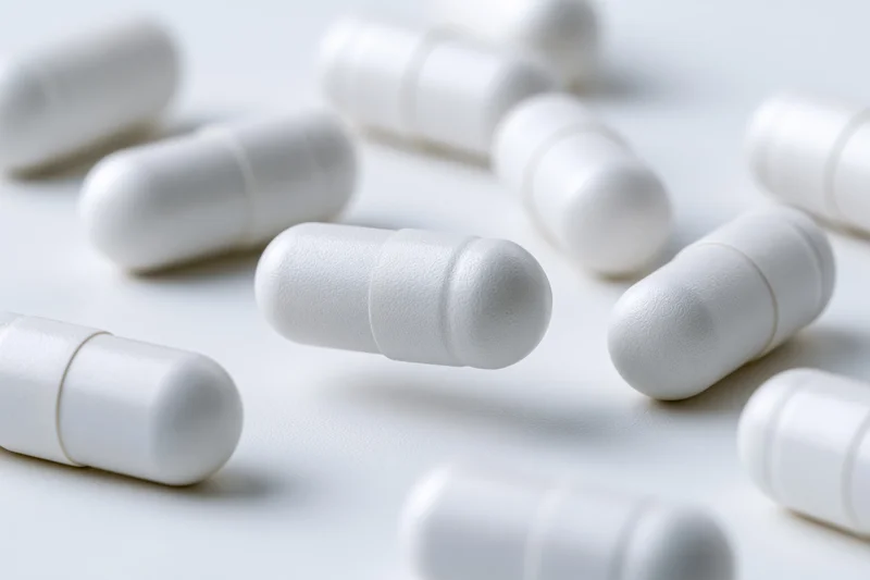 White pharmaceutical capsules scattered on a plain surface