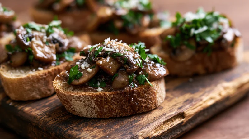 Mushroom bruschetta on toasted sourdough bread topped with parsley and cheese on a wooden board
