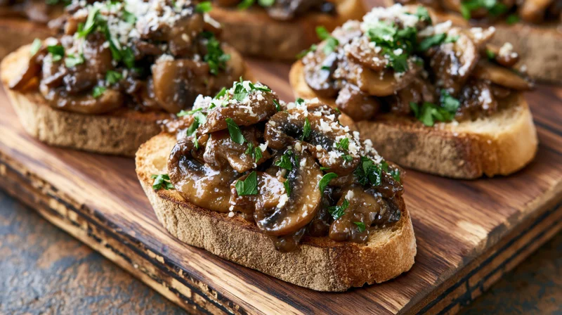 Mushroom bruschetta on toasted sourdough bread topped with parsley and cheese on a wooden board