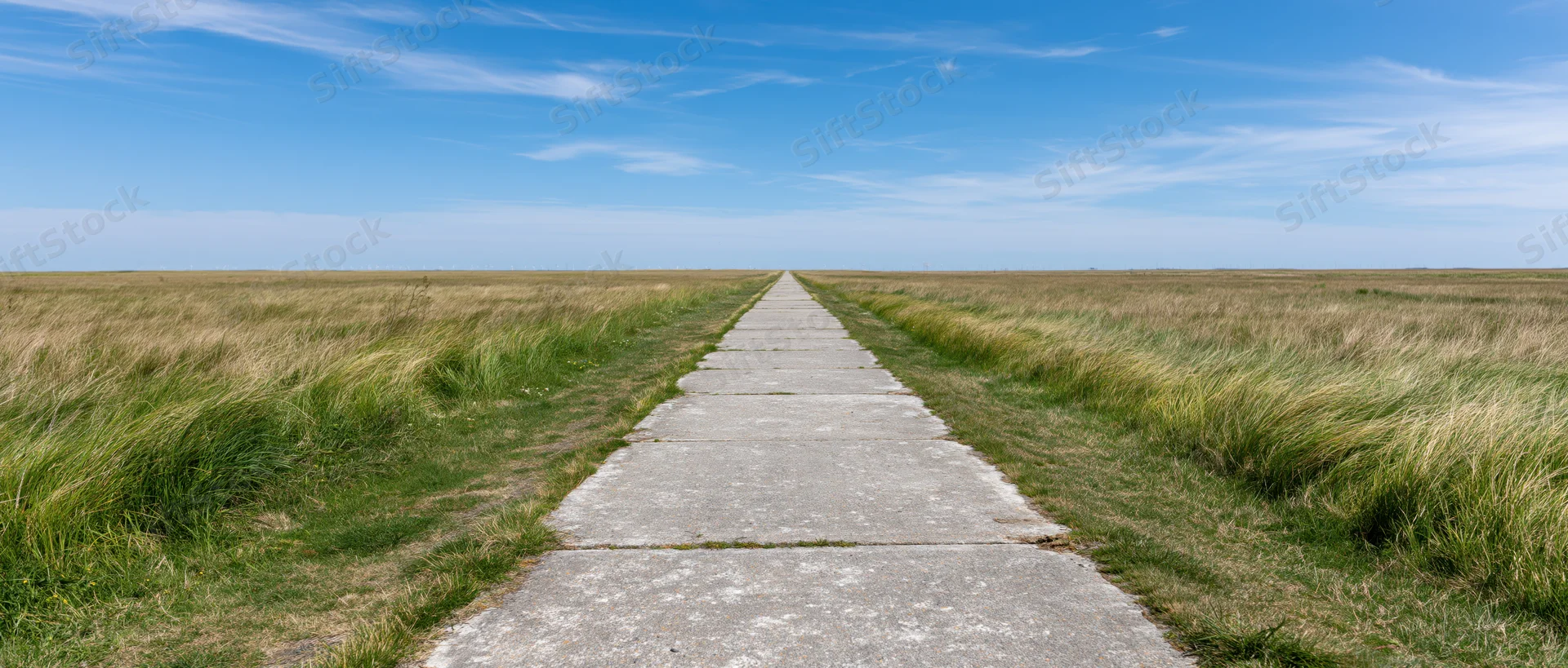 Straight concrete path through grassy field leading to horizon under blue sky