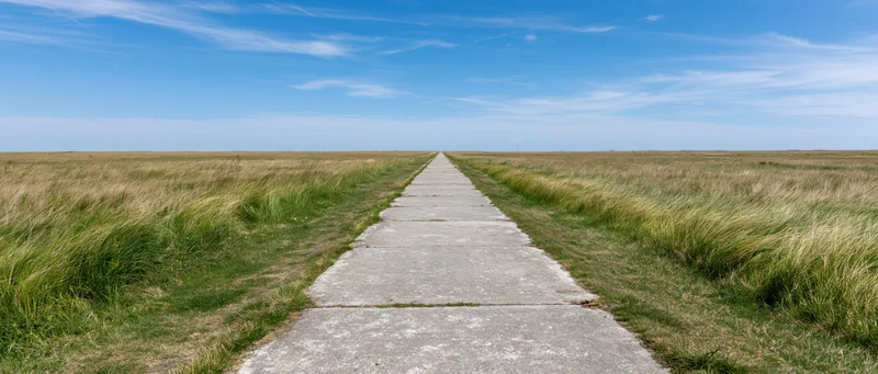 Straight concrete path through grassy field leading to horizon under blue sky