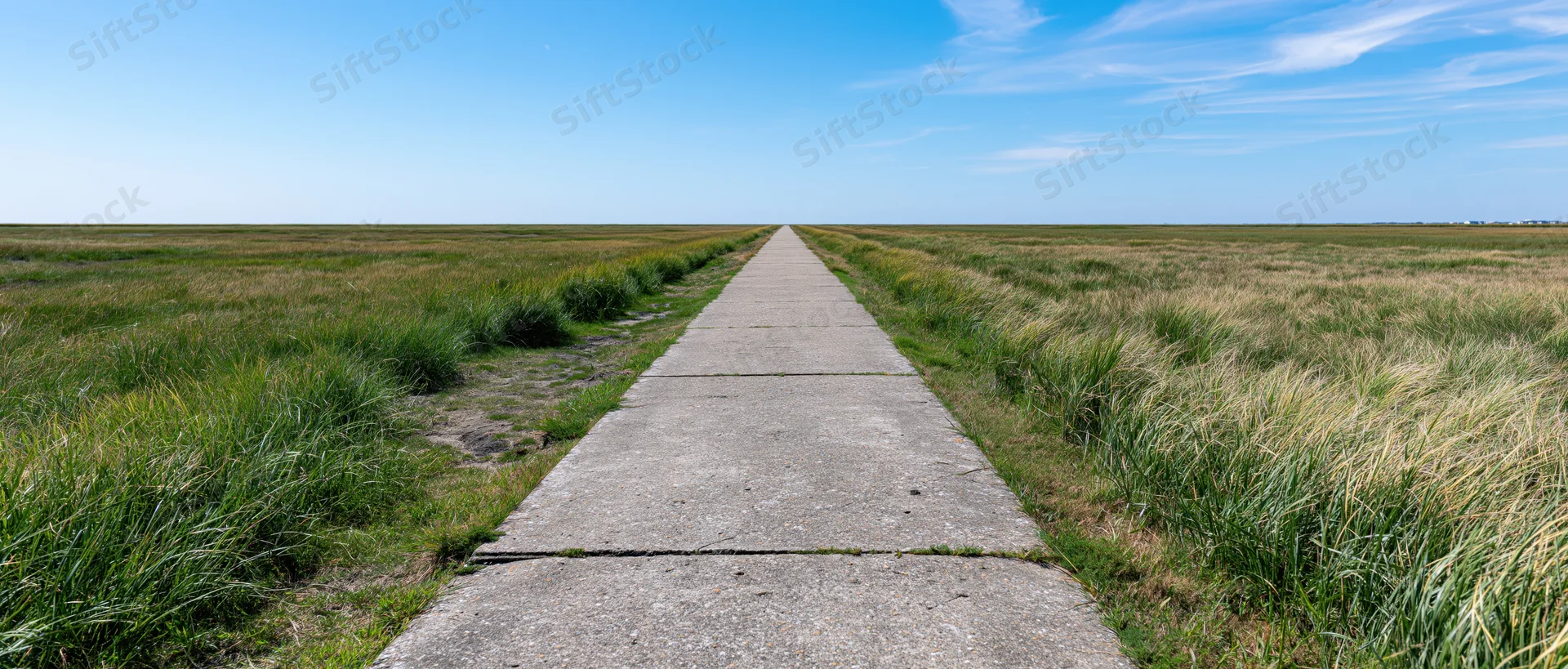 Straight concrete path through grassy field leading to horizon under blue sky