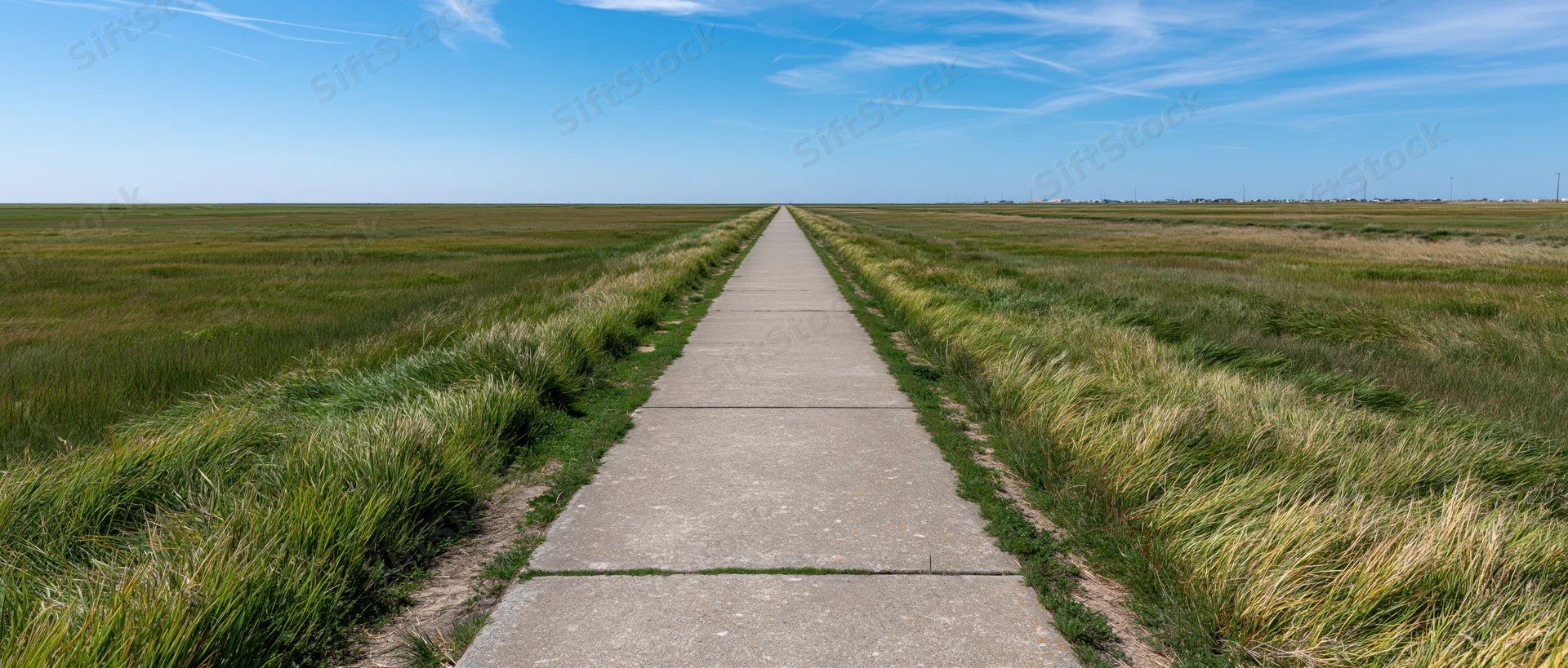 Straight concrete path through grassy field leading to horizon under blue sky