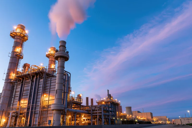 Natural gas power plant with illuminated towers and steam rising at twilight