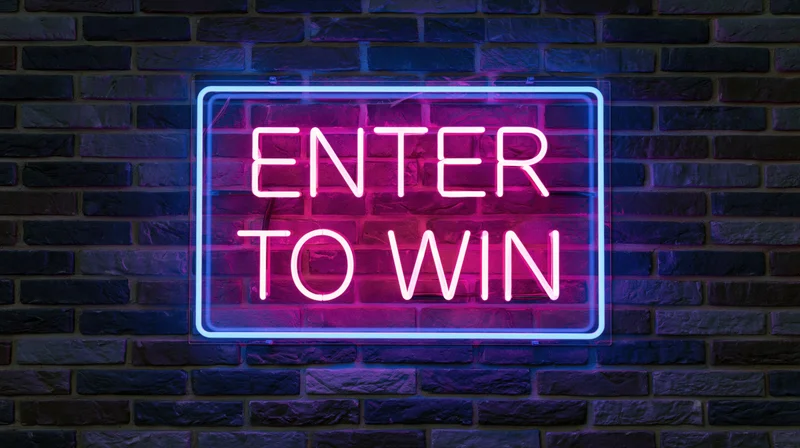 Neon sign reading enter to win mounted on a brick wall