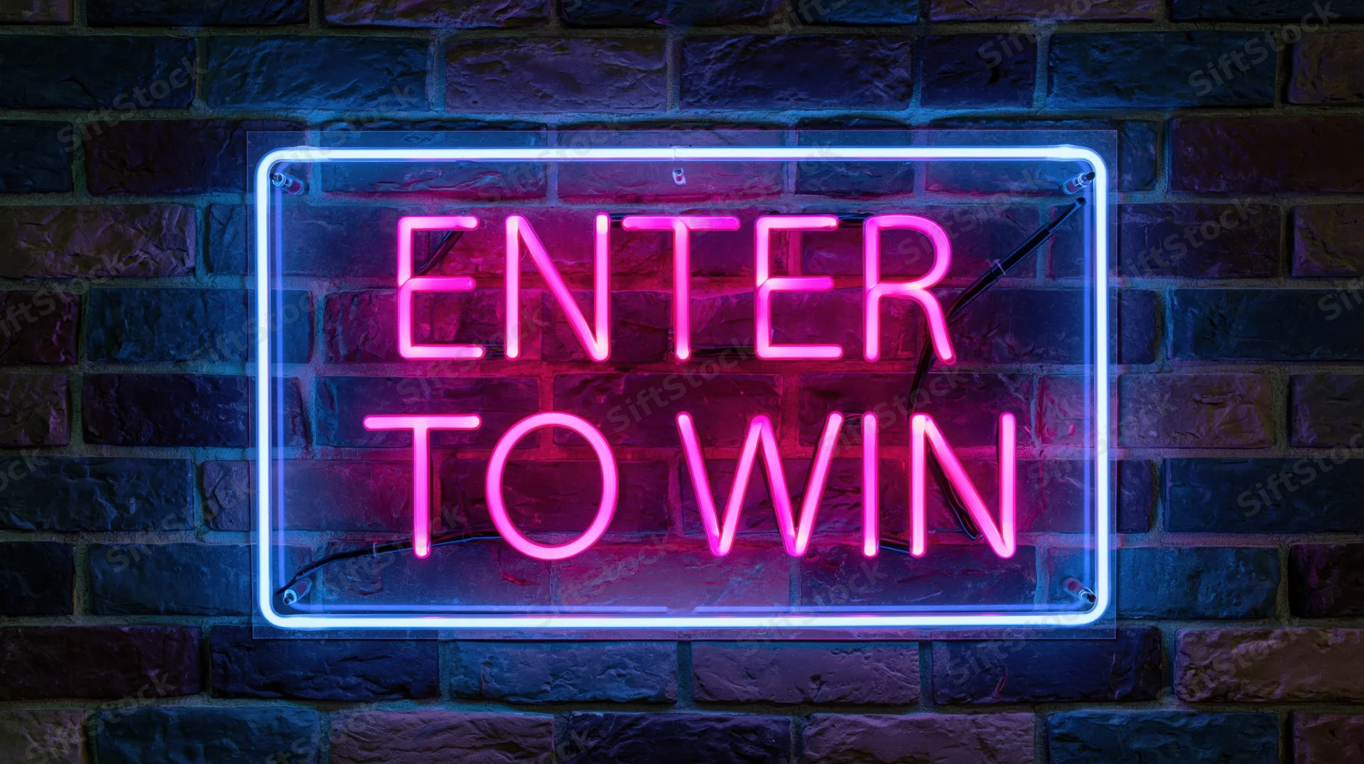 Neon sign reading enter to win in pink glowing letters on a brick wall