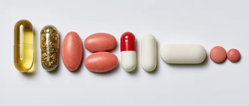 Assorted pills and capsules arranged in a horizontal row on a white surface