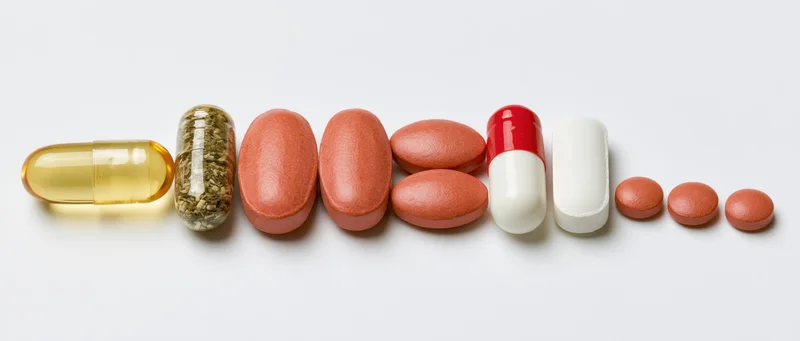 Assorted pills and capsules arranged in a horizontal row on white background