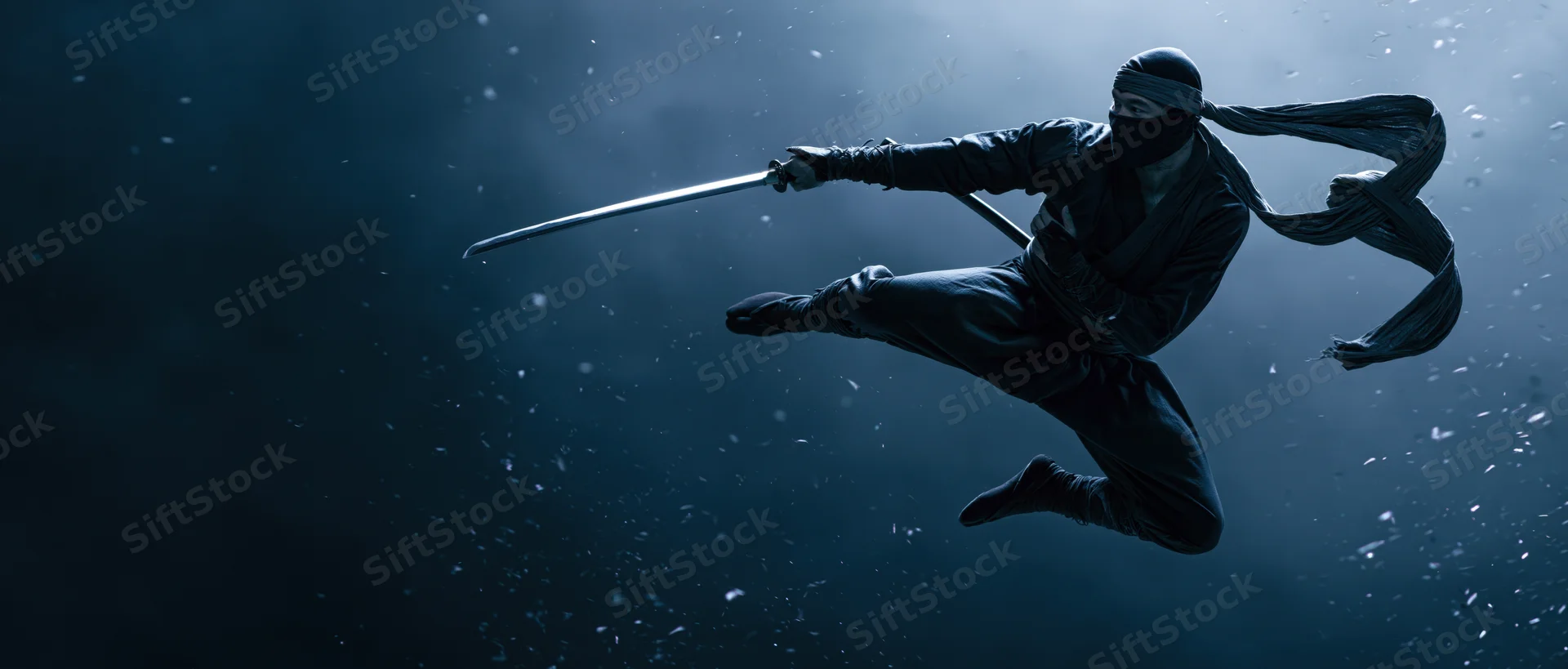 Ninja warrior in mid-leap with katana extended in dark misty air