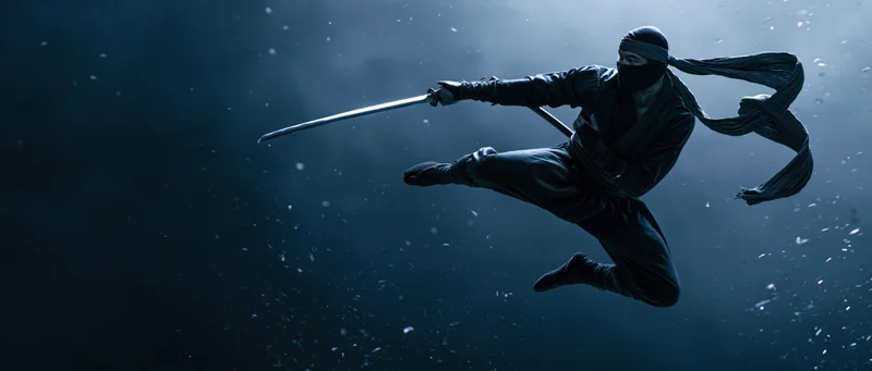 Ninja warrior in mid-leap with katana extended in dark misty air
