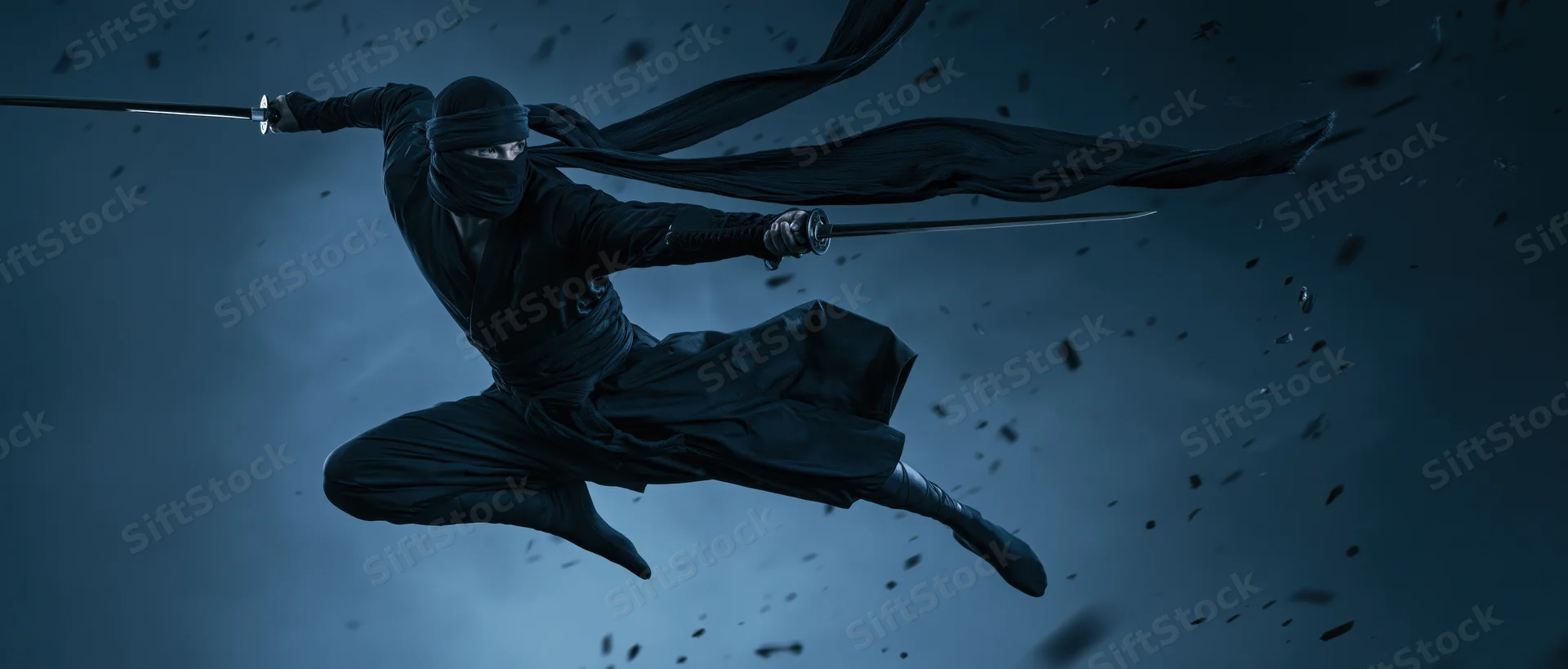 Ninja warrior in full black shinobi suit mid-leap with katana extended, surrounded by flying debris against dark background
