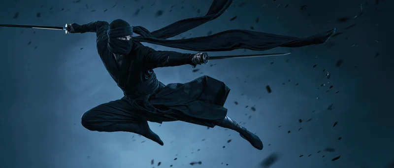 Ninja warrior in full black shinobi suit mid-leap with katana extended, surrounded by flying debris against dark background