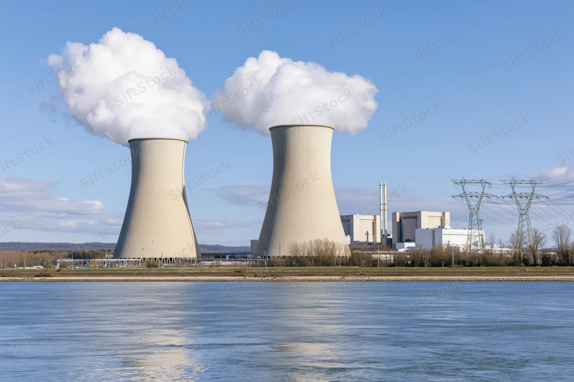 Two large concrete cooling towers emitting steam at a nuclear power plant beside a river under a clear blue sky