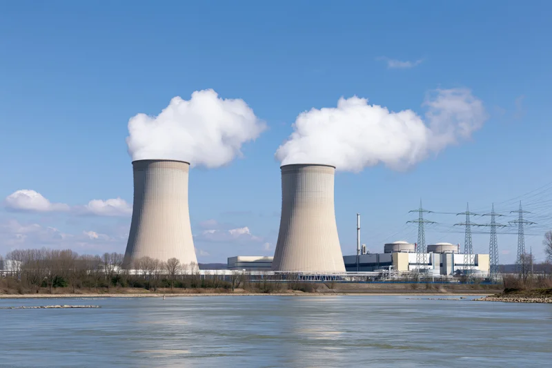 Two large concrete cooling towers emitting steam at a nuclear power plant beside a river under a blue sky