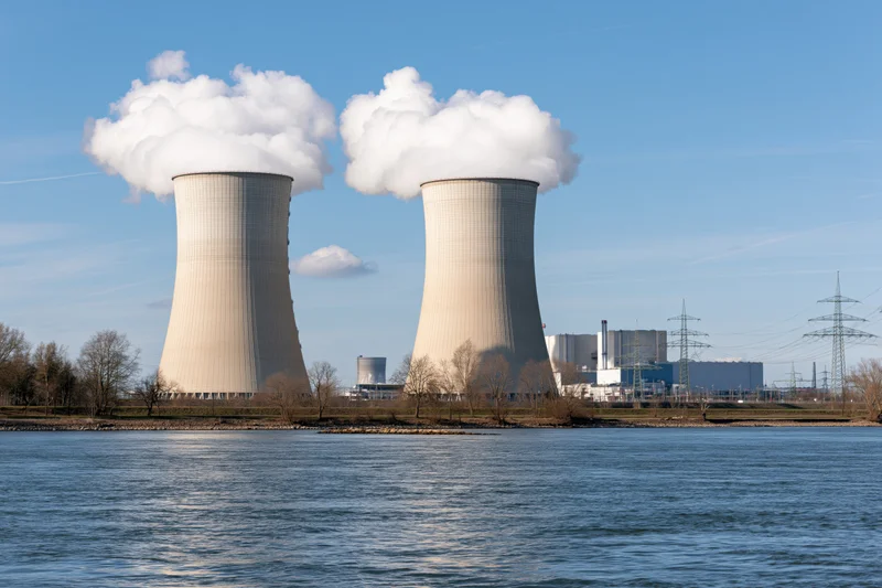 Two large concrete cooling towers emitting steam at a nuclear power plant beside a river under a clear blue sky