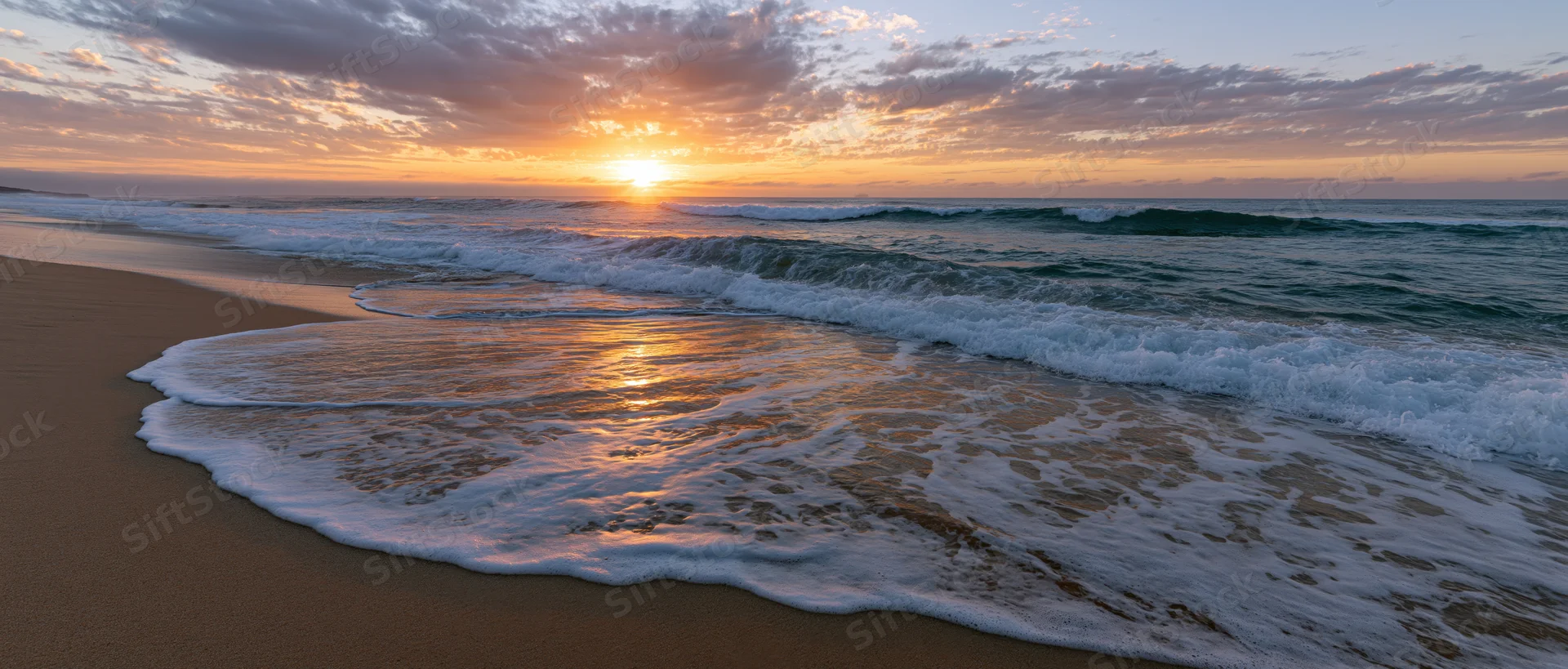 Ocean waves breaking on wet sandy beach at sunrise