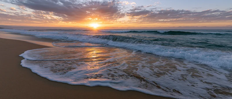 Ocean waves breaking on wet sandy beach at sunrise