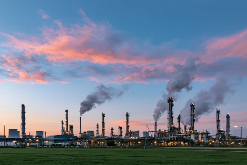 Oil refinery complex with distillation towers and smokestacks emitting smoke at twilight over a grassy field