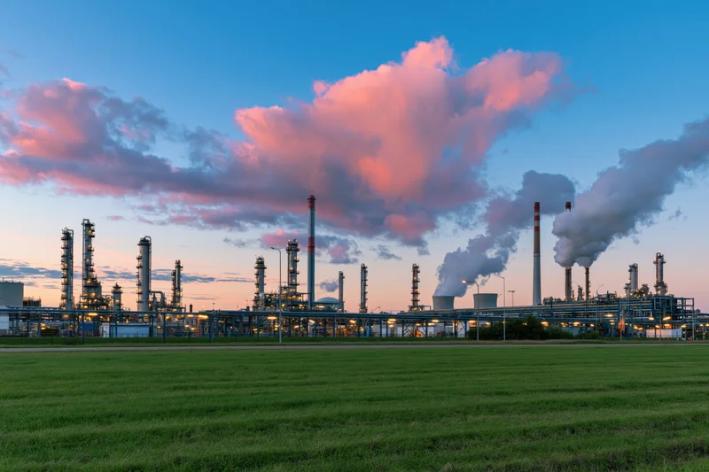 Oil refinery complex with distillation towers and smokestacks emitting steam at twilight over a grassy field