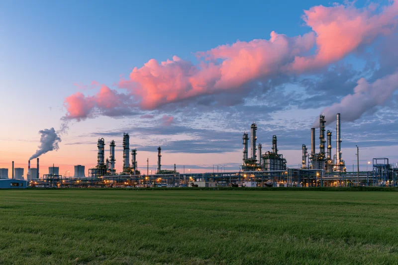 Oil refinery complex with distillation towers and smokestacks at twilight, viewed across a grassy field