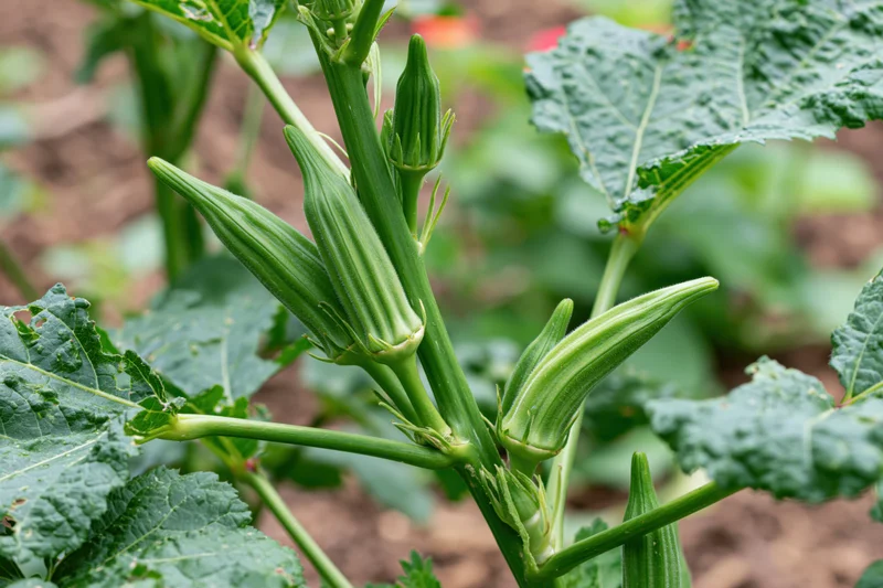 Young green okra pods growing on a plant stem in a garden with large leaves and soil in the background