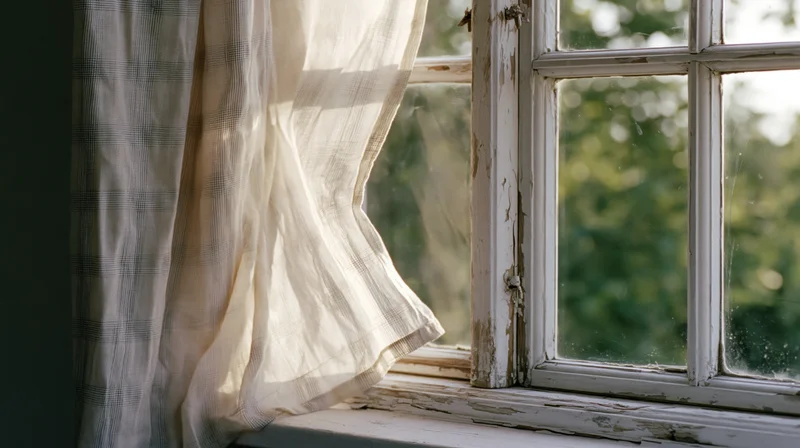 Old white wooden window with peeling paint and sheer curtain, showing green foliage outside