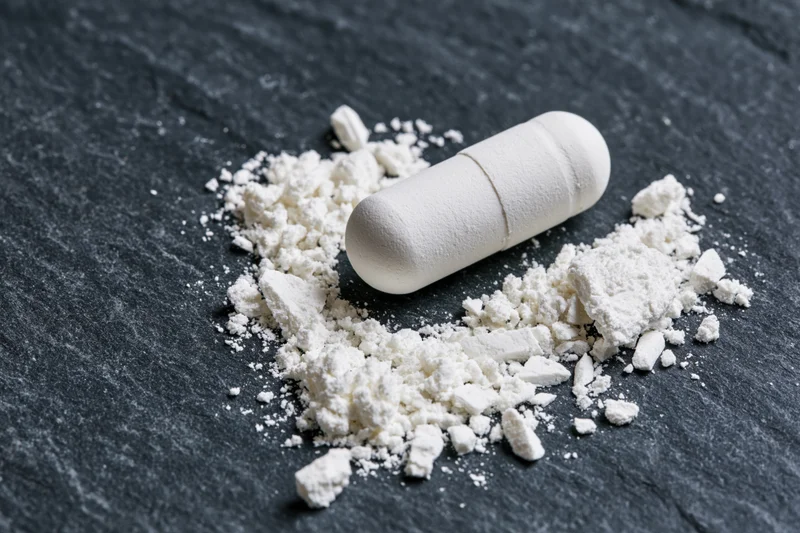 White capsule resting on dark slate surrounded by crushed pill fragments