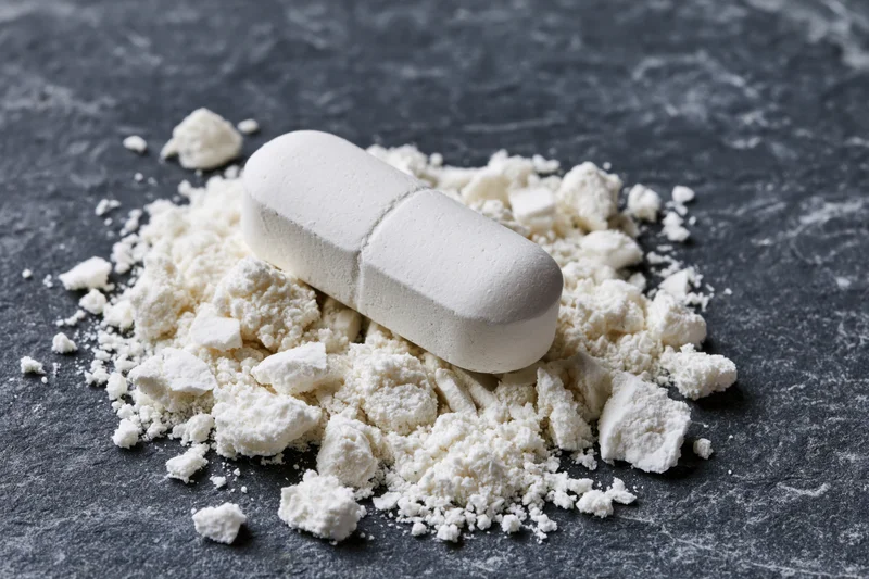 White pill resting on pile of crushed fragments on dark surface