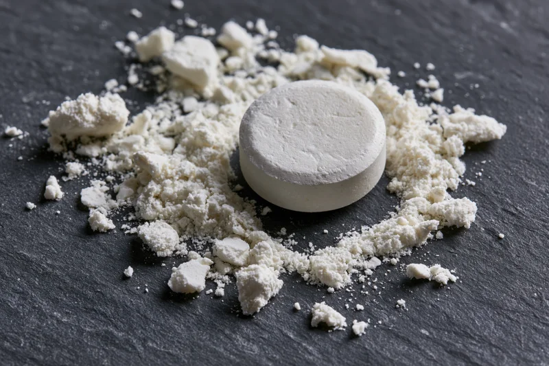 White pill surrounded by crushed fragments on dark slate surface