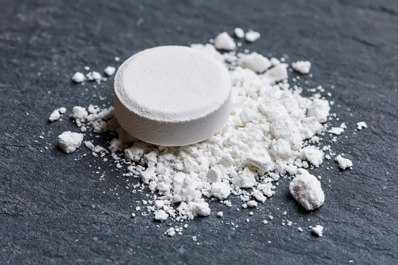 White pill resting on dark slate surface surrounded by crushed powder fragments