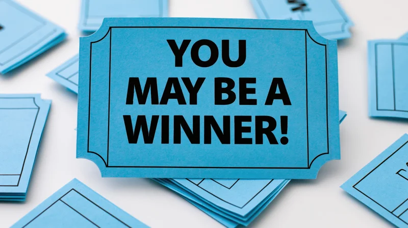 Blue raffle ticket with you may be a winner text on white background surrounded by scattered tickets