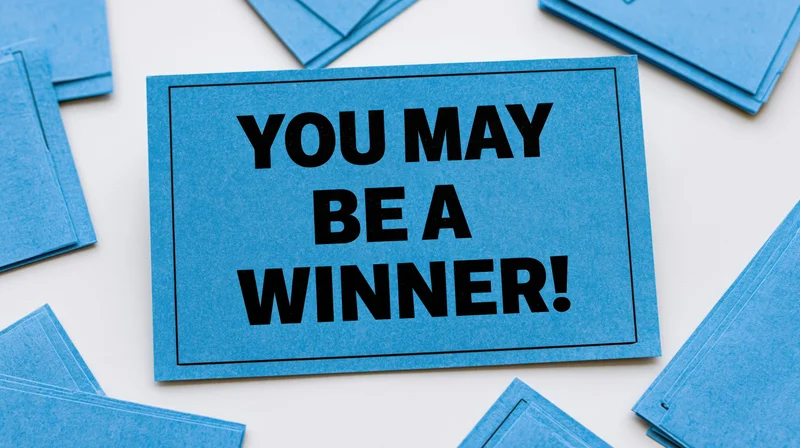 Blue raffle ticket with bold text you may be a winner on white background surrounded by similar tickets
