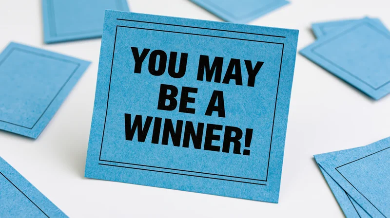 Blue raffle ticket with bold text you may be a winner on white background