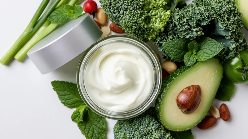 Open glass jar of white face cream surrounded by fresh vegetables and herbs on white surface