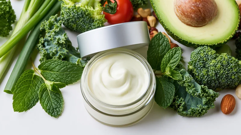 Open glass jar of white face cream surrounded by fresh vegetables and herbs on white surface