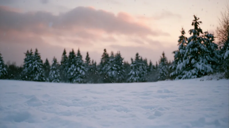 Snow-covered field with snowflakes falling gently at dusk under cloudy sky