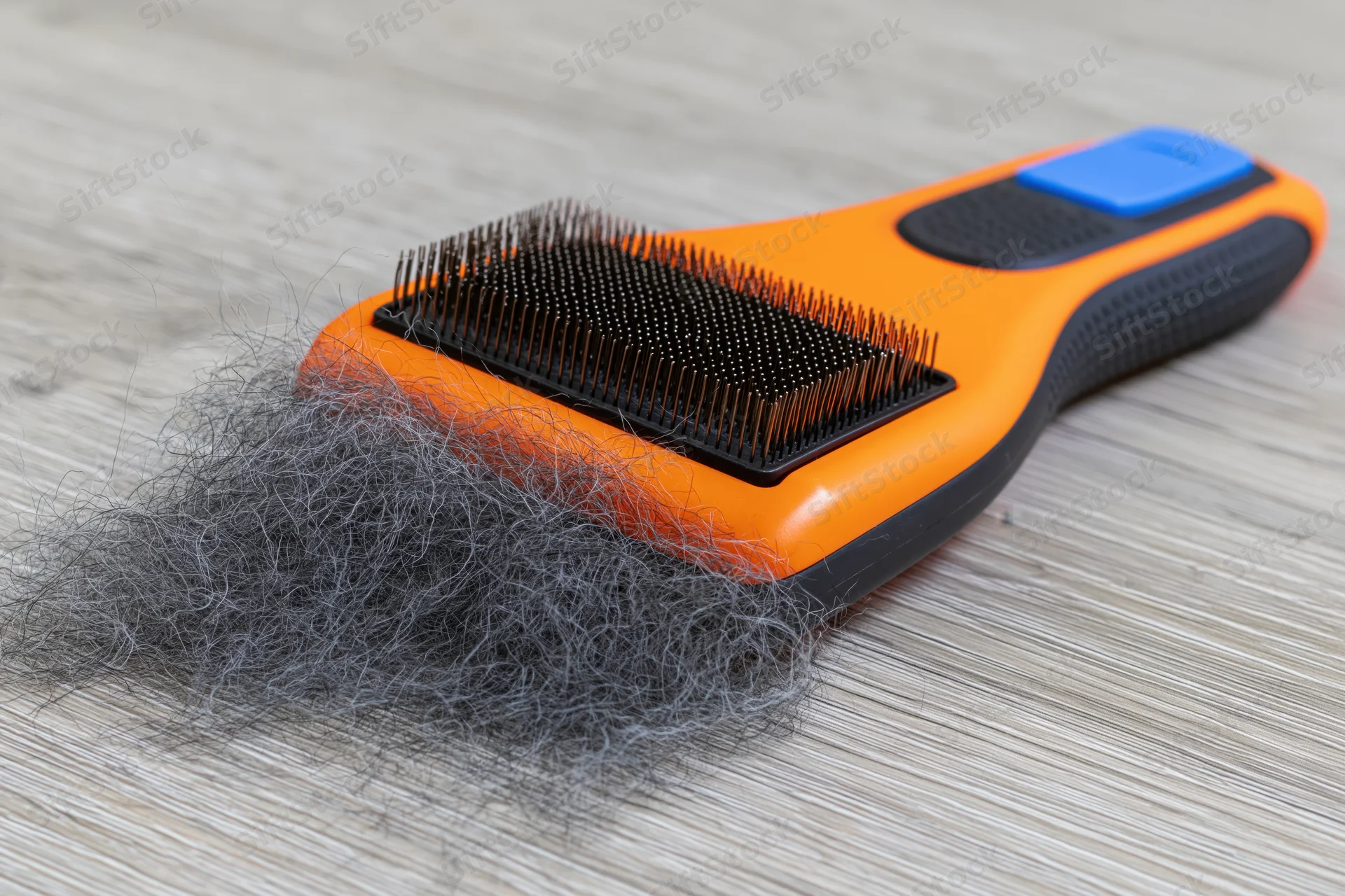 Orange and black pet deshedding tool with blue button resting on wooden floor, surrounded by shed fur