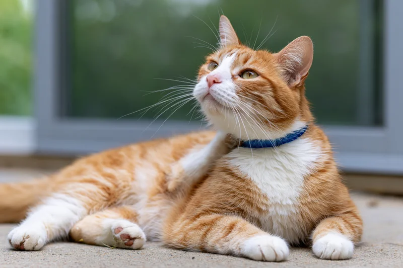 Orange and white tabby cat lying on concrete floor scratching with paw near window
