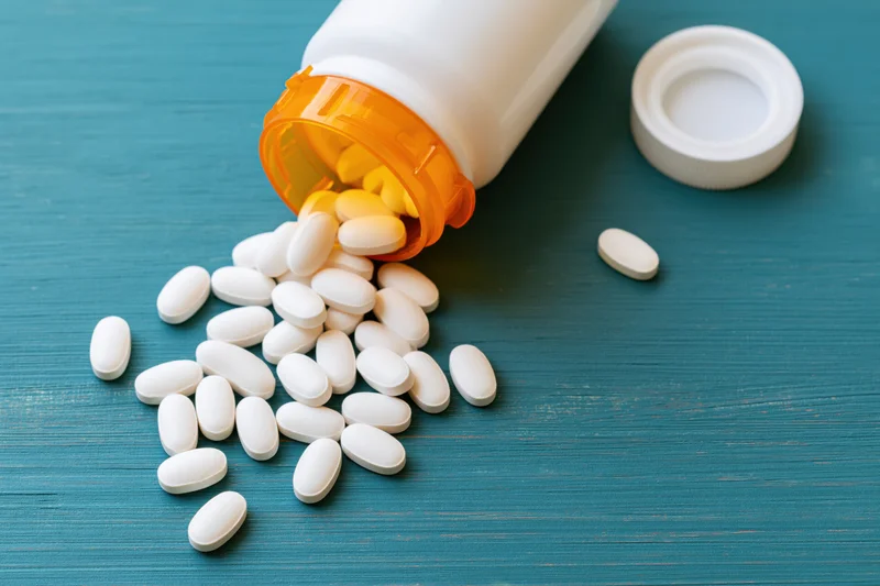 White pills spilling from an orange-capped prescription bottle onto a blue wooden surface