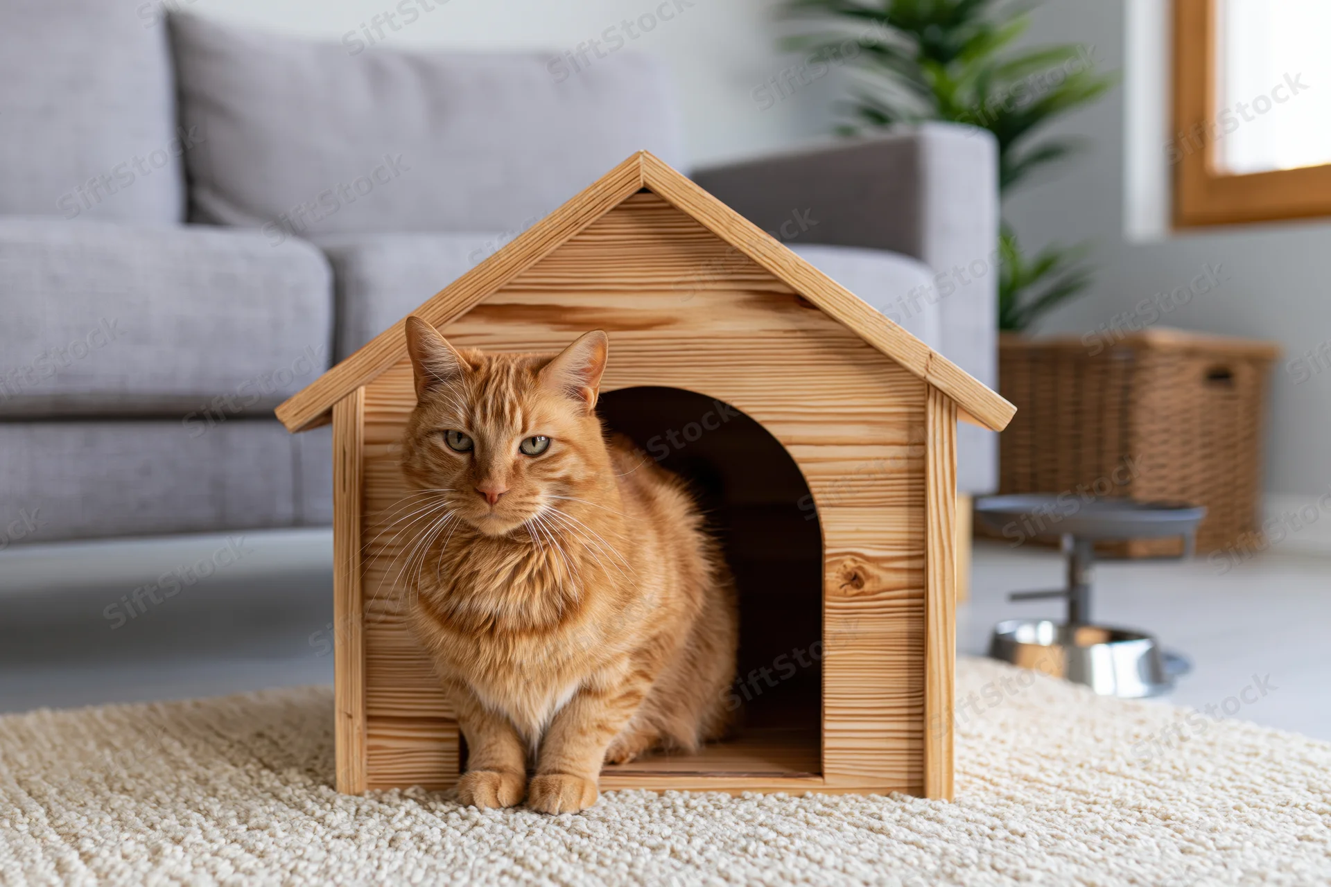Orange tabby cat sitting inside wooden house-shaped pet shelter on rug in living room