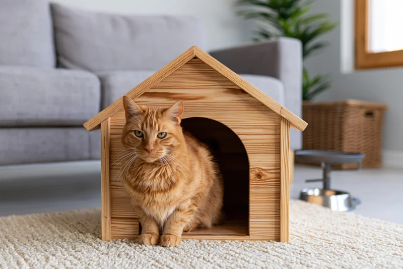 Orange tabby cat sitting inside wooden house-shaped pet shelter on rug in living room