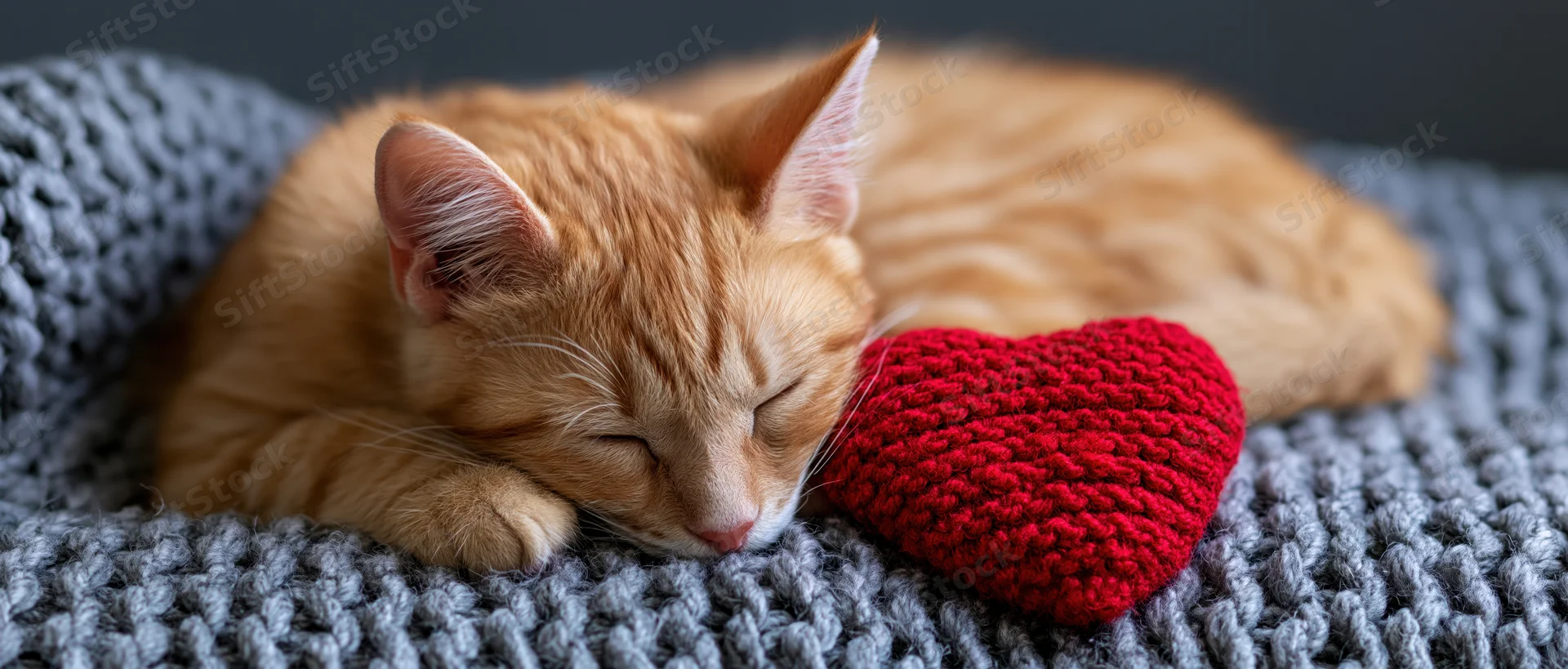 Orange tabby kitten sleeping curled up on gray knitted blanket with red crocheted heart