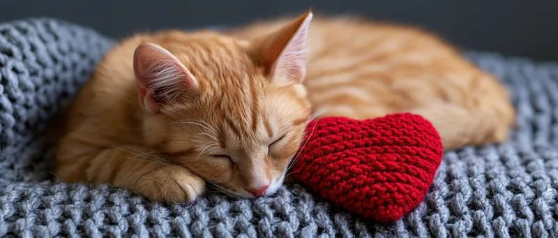 Orange tabby kitten sleeping curled up on gray knitted blanket with red crocheted heart